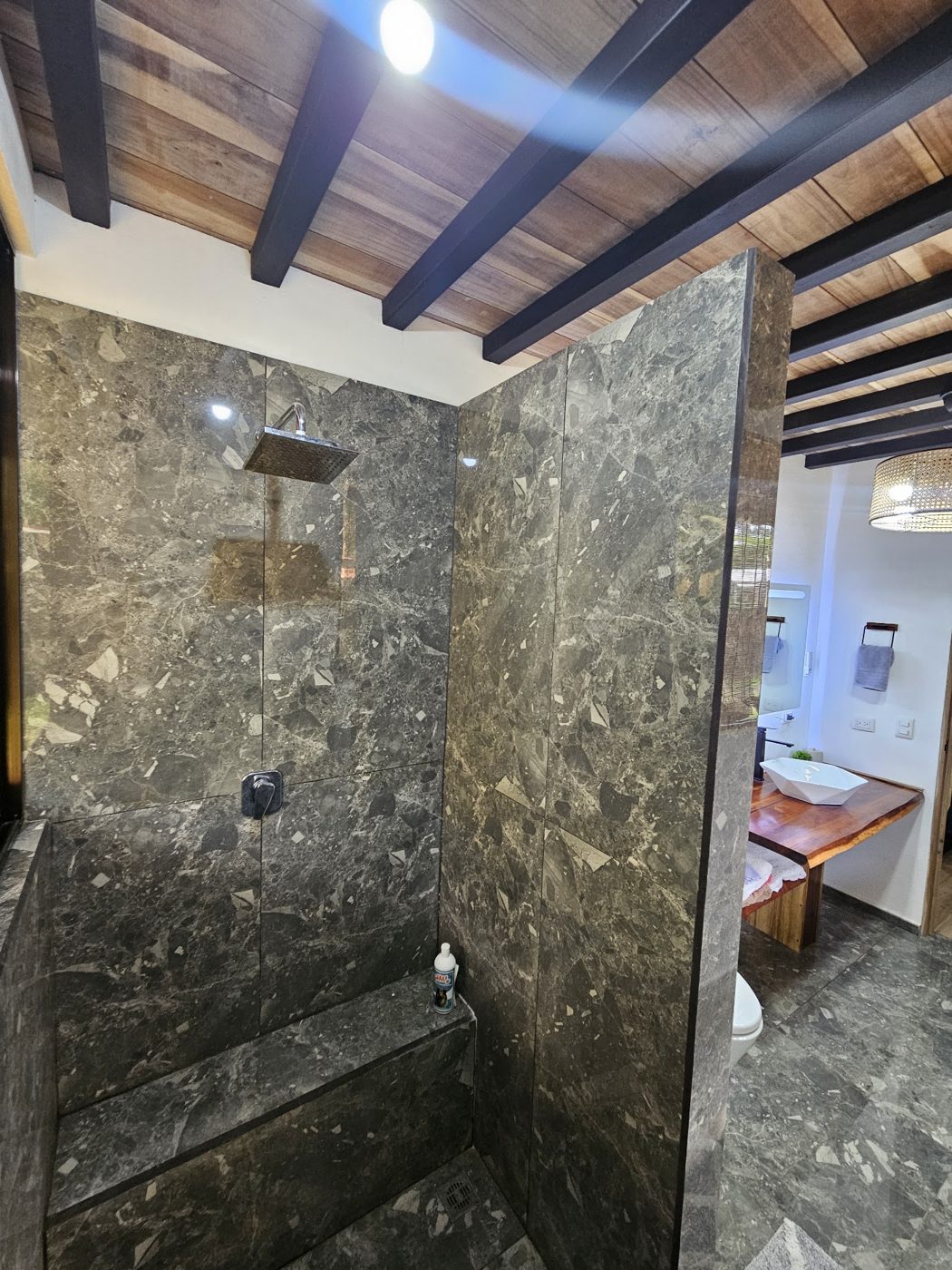 Walk-in marble rainfall shower